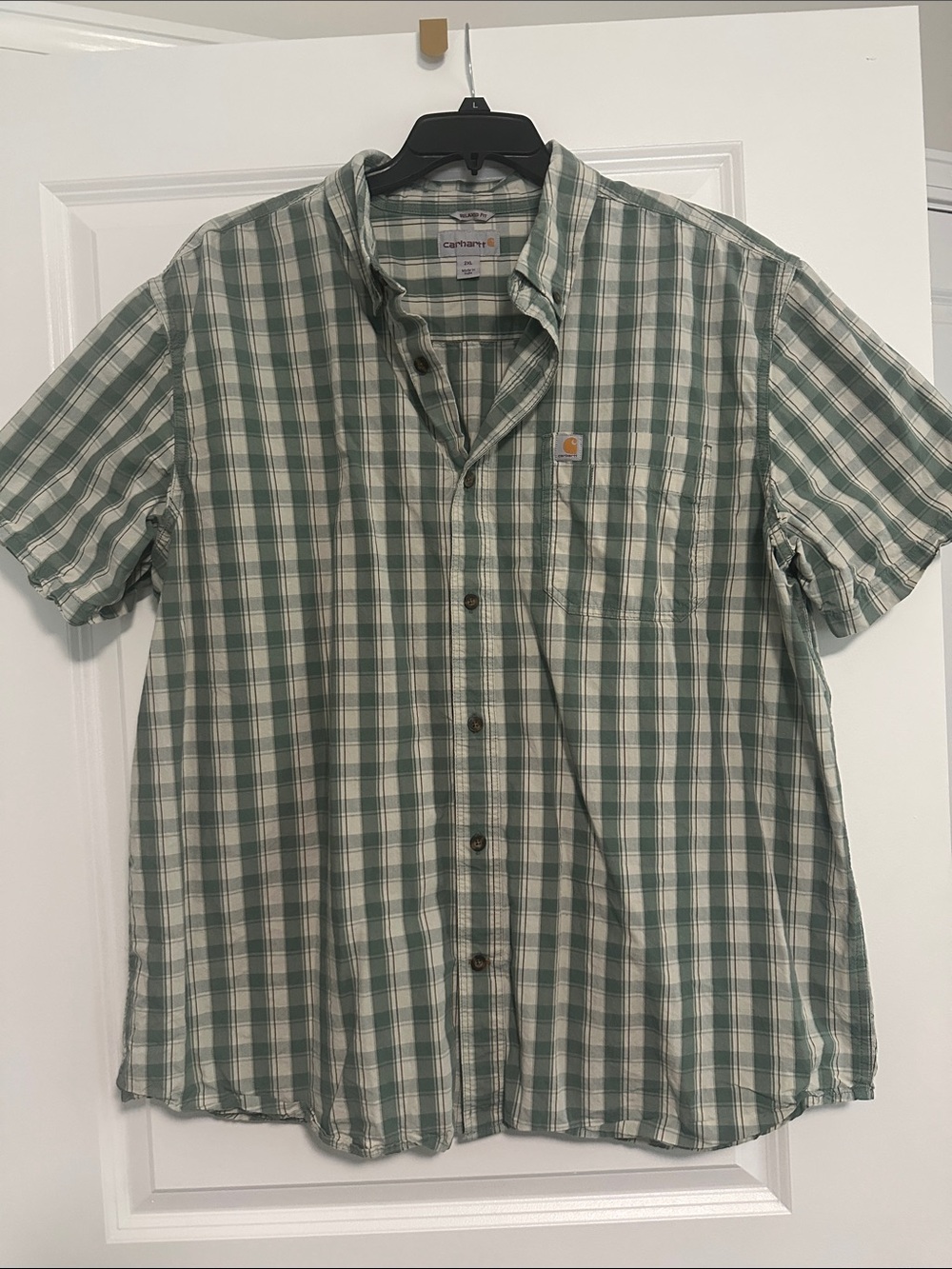 Carhartt Men’s Short-Sleeve Green and White Plaid Button-Down Shirt